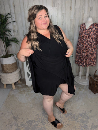 Briar Surplice Flutter Romper Dress in True Black-11- Dress/Romp/Jump-WHITE BIRCH-Styled by Stacked - A Plus Size Women's Boutique in Lakeville, MN