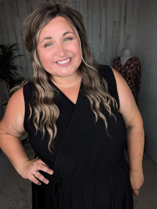 Briar Surplice Flutter Romper Dress in True Black-11- Dress/Romp/Jump-WHITE BIRCH-Styled by Stacked - A Plus Size Women's Boutique in Lakeville, MN