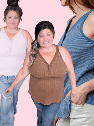 Bridget SnapFront Racerback Tank in Waffleknit (3 COLORS)-1- ShortSlv/Slvless Tops-WHITE BIRCH-Styled by Stacked - A Plus Size Women's Boutique in Lakeville, MN
