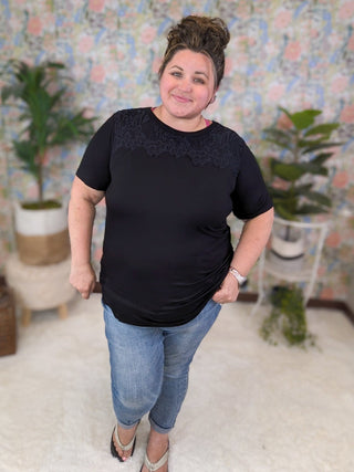 Brighton Lace Topped Short Sleeve Tee (3 Colors)-1- ShortSlv/Slvless Tops-HEIMISH-Styled by Stacked - A Plus Size Women's Boutique in Lakeville, MN
