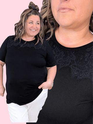 1- ShortSlv/Slvless Tops Brighton Lace Topped Short Sleeve Tee in Black plus size clothing