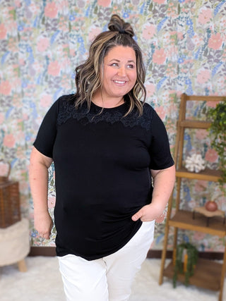 1- ShortSlv/Slvless Tops Brighton Lace Topped Short Sleeve Tee in Black plus size clothing