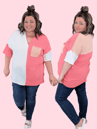 1- ShortSlv/Slvless Tops Brioni Urban Ribbed Short Sleeve Colorblock Top in Pink Mix plus size clothing