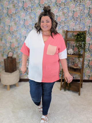 1- ShortSlv/Slvless Tops Brioni Urban Ribbed Short Sleeve Colorblock Top in Pink Mix plus size clothing