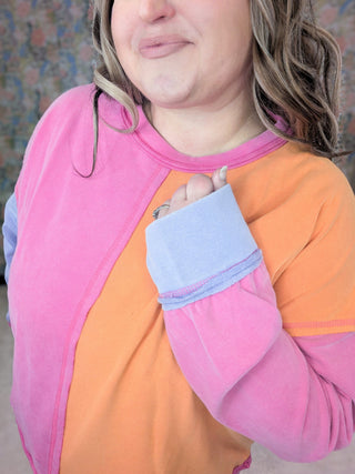 Bristol Colorblock Pullover in Pink, Purple + Orange-2- Long Sleeve Tops-WHITE BIRCH-Styled by Stacked - A Plus Size Women's Boutique in Lakeville, MN