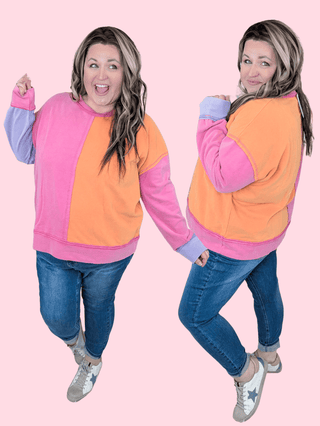 Bristol Colorblock Pullover in Pink, Purple + Orange-2- Long Sleeve Tops-WHITE BIRCH-Styled by Stacked - A Plus Size Women's Boutique in Lakeville, MN