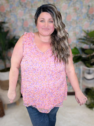 Brittany Ruffle Edge Vneck Tank in Pink Floral-1- ShortSlv/Slvless Tops-WHITE BIRCH-Styled by Stacked - A Plus Size Women's Boutique in Lakeville, MN