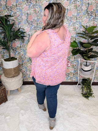 Brittany Ruffle Edge Vneck Tank in Pink Floral-1- ShortSlv/Slvless Tops-WHITE BIRCH-Styled by Stacked - A Plus Size Women's Boutique in Lakeville, MN