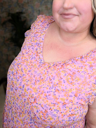 Brittany Ruffle Edge Vneck Tank in Pink Floral-1- ShortSlv/Slvless Tops-WHITE BIRCH-Styled by Stacked - A Plus Size Women's Boutique in Lakeville, MN