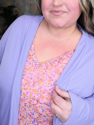 Brittany Ruffle Edge Vneck Tank in Pink Floral-1- ShortSlv/Slvless Tops-WHITE BIRCH-Styled by Stacked - A Plus Size Women's Boutique in Lakeville, MN