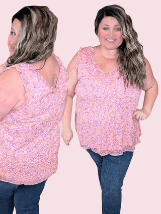 Brittany Ruffle Edge Vneck Tank in Pink Floral-1- ShortSlv/Slvless Tops-WHITE BIRCH-Styled by Stacked - A Plus Size Women's Boutique in Lakeville, MN