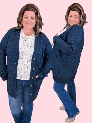 4- Overlayer Tops Brooke Textured Sweater Cardigan w/Oversized Buttons in Navy plus size clothing