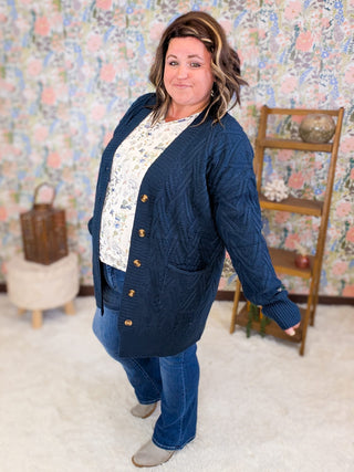 4- Overlayer Tops Brooke Textured Sweater Cardigan w/Oversized Buttons in Navy plus size clothing