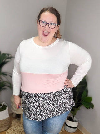 Brynn Tiered Lightweight Colorblock Long Sleeve Top-2- Long Sleeve Tops-voll-Styled by Stacked - A Plus Size Women's Boutique in Lakeville, MN