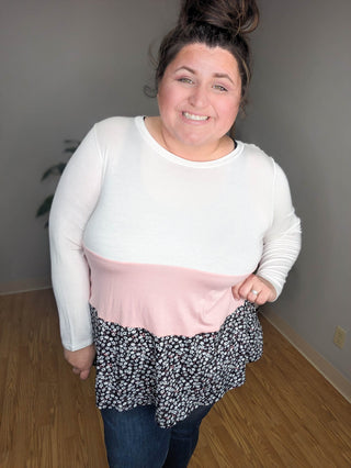 Brynn Tiered Lightweight Colorblock Long Sleeve Top-2- Long Sleeve Tops-voll-Styled by Stacked - A Plus Size Women's Boutique in Lakeville, MN