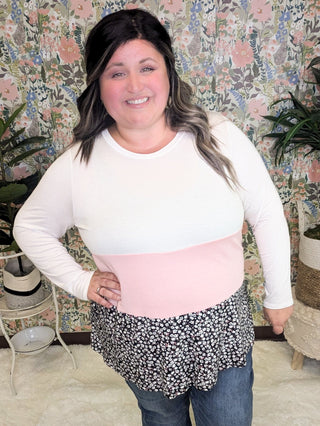 Brynn Tiered Lightweight Colorblock Long Sleeve Top-2- Long Sleeve Tops-voll-Styled by Stacked - A Plus Size Women's Boutique in Lakeville, MN