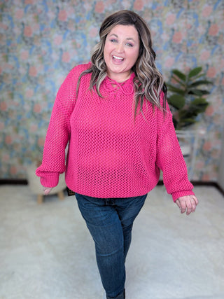 Caitlin Hooded Open Knit Sweater in Magenta-2- Long Sleeve Tops-WHITE BIRCH-Styled by Stacked - A Plus Size Women's Boutique in Lakeville, MN