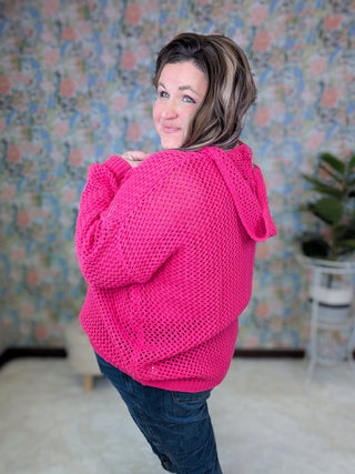Caitlin Hooded Open Knit Sweater in Magenta-2- Long Sleeve Tops-WHITE BIRCH-Styled by Stacked - A Plus Size Women's Boutique in Lakeville, MN