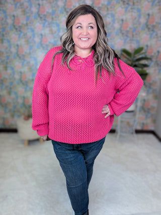 Caitlin Hooded Open Knit Sweater in Magenta-2- Long Sleeve Tops-WHITE BIRCH-Styled by Stacked - A Plus Size Women's Boutique in Lakeville, MN