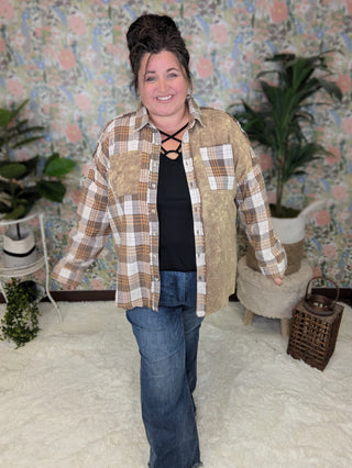 Calla Plaid + Waffle Mix Long Sleeve Buttondown Top (3 colors)-2- Long Sleeve Tops-WHITE BIRCH-Styled by Stacked - A Plus Size Women's Boutique in Lakeville, MN