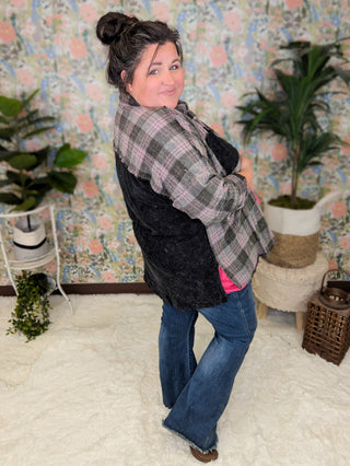 Calla Plaid + Waffle Mix Long Sleeve Buttondown Top (3 colors)-2- Long Sleeve Tops-WHITE BIRCH-Styled by Stacked - A Plus Size Women's Boutique in Lakeville, MN