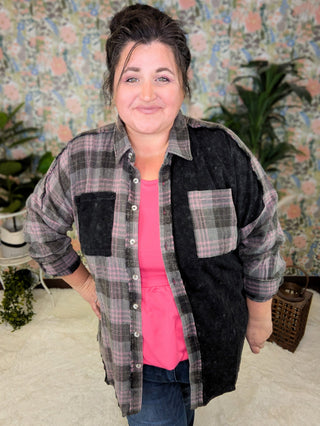 Calla Plaid + Waffle Mix Long Sleeve Buttondown Top (3 colors)-2- Long Sleeve Tops-WHITE BIRCH-Styled by Stacked - A Plus Size Women's Boutique in Lakeville, MN