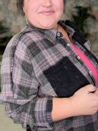 Calla Plaid + Waffle Mix Long Sleeve Buttondown Top (3 colors)-2- Long Sleeve Tops-WHITE BIRCH-Styled by Stacked - A Plus Size Women's Boutique in Lakeville, MN