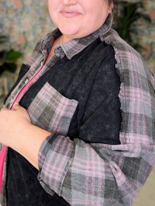Calla Plaid + Waffle Mix Long Sleeve Buttondown Top (3 colors)-2- Long Sleeve Tops-WHITE BIRCH-Styled by Stacked - A Plus Size Women's Boutique in Lakeville, MN