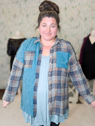 Calla Plaid + Waffle Mix Long Sleeve Buttondown Top (3 colors)-2- Long Sleeve Tops-WHITE BIRCH-Styled by Stacked - A Plus Size Women's Boutique in Lakeville, MN