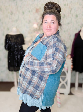 Calla Plaid + Waffle Mix Long Sleeve Buttondown Top (3 colors)-2- Long Sleeve Tops-WHITE BIRCH-Styled by Stacked - A Plus Size Women's Boutique in Lakeville, MN