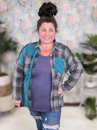Calla Plaid + Waffle Mix Long Sleeve Buttondown Top (3 colors)-2- Long Sleeve Tops-WHITE BIRCH-Styled by Stacked - A Plus Size Women's Boutique in Lakeville, MN