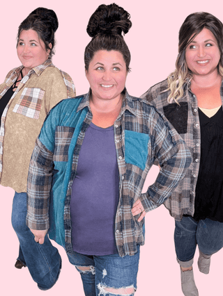 Calla Plaid + Waffle Mix Long Sleeve Buttondown Top (3 colors)-2- Long Sleeve Tops-WHITE BIRCH-Styled by Stacked - A Plus Size Women's Boutique in Lakeville, MN