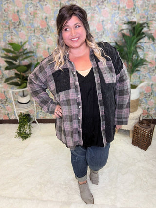 Calla Plaid + Waffle Mix Long Sleeve Buttondown Top (3 colors)-2- Long Sleeve Tops-WHITE BIRCH-Styled by Stacked - A Plus Size Women's Boutique in Lakeville, MN