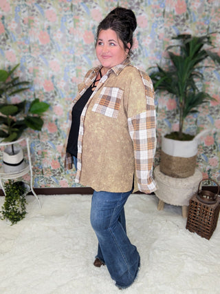 Calla Plaid + Waffle Mix Long Sleeve Buttondown Top (3 colors)-2- Long Sleeve Tops-WHITE BIRCH-Styled by Stacked - A Plus Size Women's Boutique in Lakeville, MN