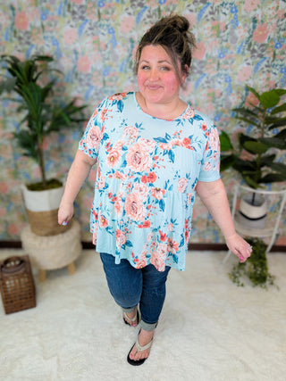 Cambria Tiered Short Sleeve Top in Aqua Mint Floral-1- ShortSlv/Slvless Tops-HEIMISH-Styled by Stacked - A Plus Size Women's Boutique in Lakeville, MN