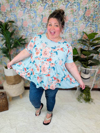 Cambria Tiered Short Sleeve Top in Aqua Mint Floral-1- ShortSlv/Slvless Tops-HEIMISH-Styled by Stacked - A Plus Size Women's Boutique in Lakeville, MN