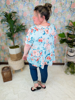 Cambria Tiered Short Sleeve Top in Aqua Mint Floral-1- ShortSlv/Slvless Tops-HEIMISH-Styled by Stacked - A Plus Size Women's Boutique in Lakeville, MN