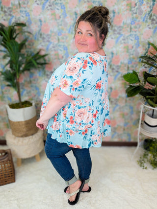 Cambria Tiered Short Sleeve Top in Aqua Mint Floral-1- ShortSlv/Slvless Tops-HEIMISH-Styled by Stacked - A Plus Size Women's Boutique in Lakeville, MN
