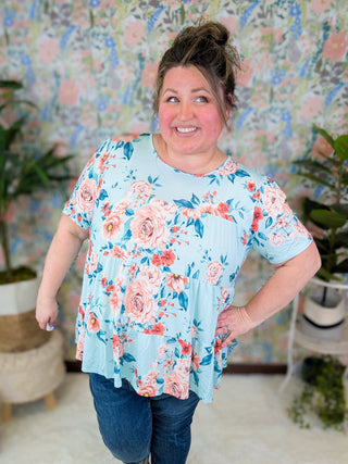 Cambria Tiered Short Sleeve Top in Aqua Mint Floral-1- ShortSlv/Slvless Tops-HEIMISH-Styled by Stacked - A Plus Size Women's Boutique in Lakeville, MN