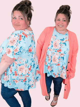 Cambria Tiered Short Sleeve Top in Aqua Mint Floral-1- ShortSlv/Slvless Tops-HEIMISH-Styled by Stacked - A Plus Size Women's Boutique in Lakeville, MN