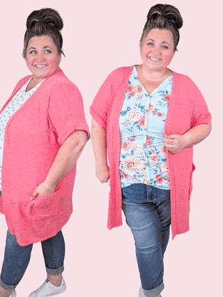 Cameron Short Sleeve Dolman Cardigan w/Pockets in Coral Pink-4- Overlayer Tops-HEIMISH-Styled by Stacked - A Plus Size Women's Boutique in Lakeville, MN