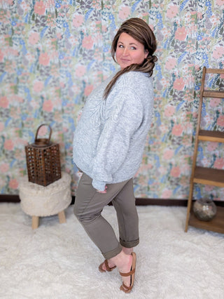 2- Long Sleeve Tops Camille Sweater w/Floral Stitch in Gray plus size clothing