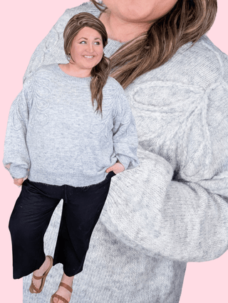 2- Long Sleeve Tops Camille Sweater w/Floral Stitch in Gray plus size clothing