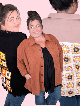 Campbell Light Corduroy Shacket w/Granny Square Back-4- Overlayer Tops-lime chili-Styled by Stacked - A Plus Size Women's Boutique in Lakeville, MN