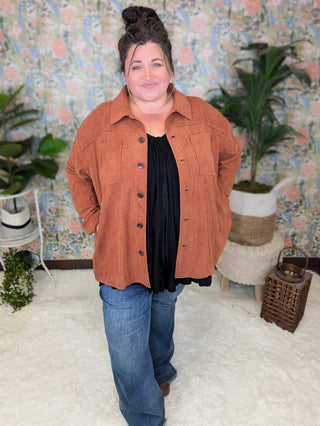 Campbell Light Corduroy Shacket w/Granny Square Back-4- Overlayer Tops-lime chili-Styled by Stacked - A Plus Size Women's Boutique in Lakeville, MN