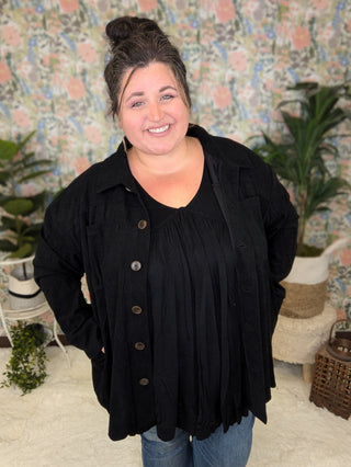 Campbell Light Corduroy Shacket w/Granny Square Back-4- Overlayer Tops-lime chili-Styled by Stacked - A Plus Size Women's Boutique in Lakeville, MN