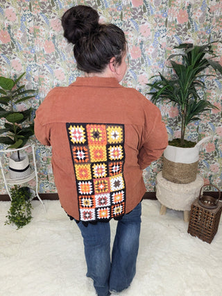 Campbell Light Corduroy Shacket w/Granny Square Back-4- Overlayer Tops-lime chili-Styled by Stacked - A Plus Size Women's Boutique in Lakeville, MN