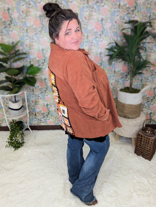 Campbell Light Corduroy Shacket w/Granny Square Back-4- Overlayer Tops-lime chili-Styled by Stacked - A Plus Size Women's Boutique in Lakeville, MN