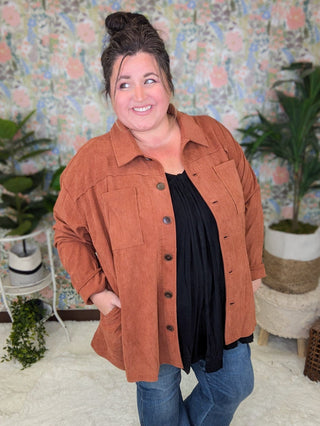 Campbell Light Corduroy Shacket w/Granny Square Back-4- Overlayer Tops-lime chili-Styled by Stacked - A Plus Size Women's Boutique in Lakeville, MN