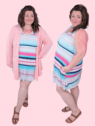 11- Dress/Romp/Jump Carin Vneck Tank Dress in Aqua + Pink Stripes plus size clothing